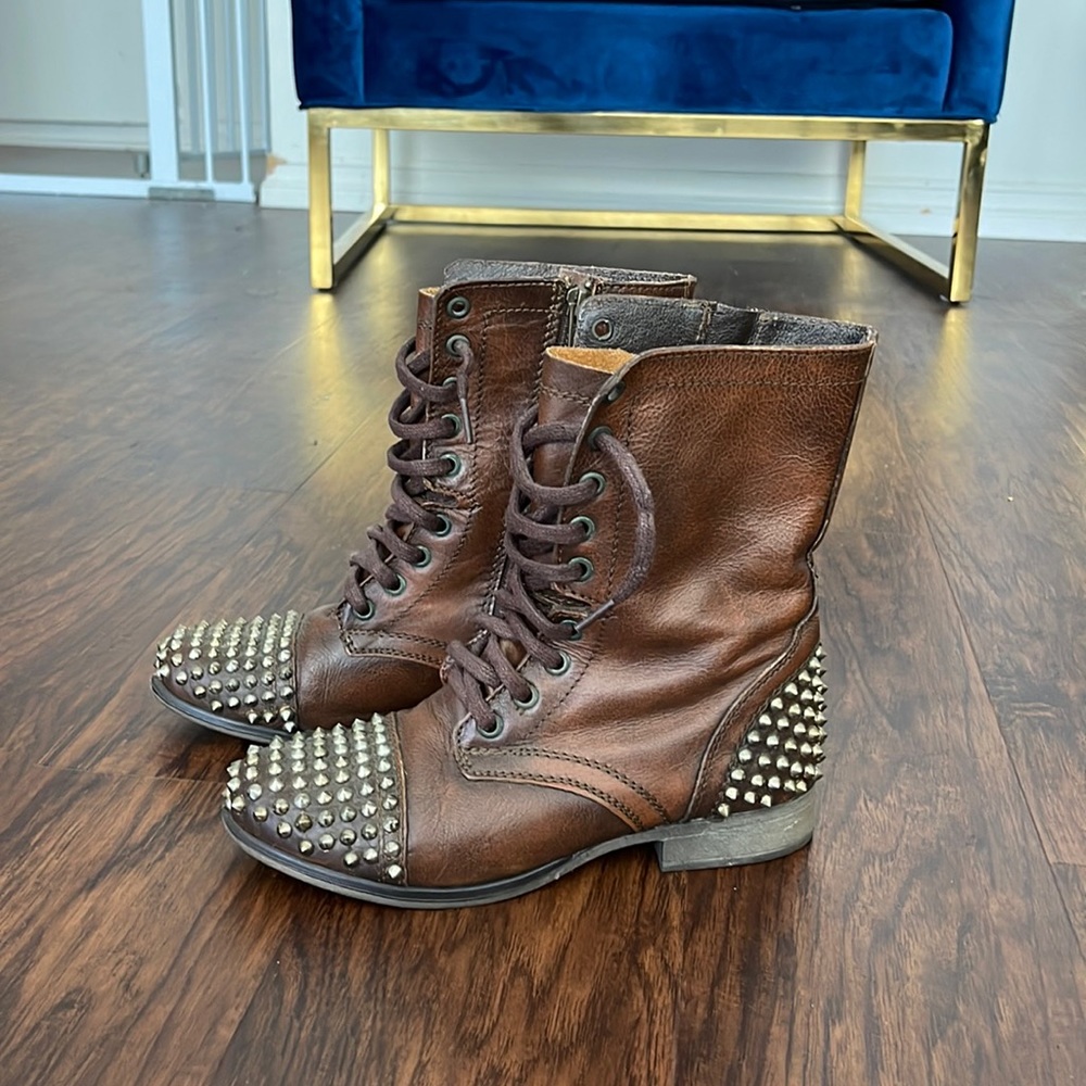 Steve Madden Brown Leather Troopa Combat Boots with Gold Spikes